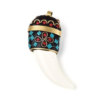 Handmade Indonesia Big Pendants, Tusk Shape Charms, with Resin and Unplated Brass, Floral White, 60~65x24~25x13mm, Hole: 3.5~4x4mm