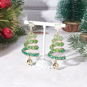 Brass Glass Dangle Stud Earrings, Christmas Tree, with 304 Stainless Steel & Eco-Friendly Copper Wire & 201 Stainless Steel, Golden, 62x25mm