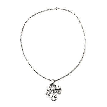 Alloy Dragon Pendant Necklace with 201 Stainless Steel Box Chains, Antique Silver, 23.70 inch(60.2cm)