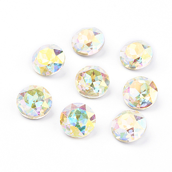 Pointed Back Glass Rhinestone Cabochons, Grade A, Faceted, AB Color Plated, Flat Round, Jonquil AB, 8x4.5mm
