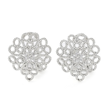 Flower Brass Micro Pave Cubic Zirconia Stud Earrings Finding, with Horizontal Loops, Cadmium Free & Lead Free, Platinum, 16x15mm, Hole: 1.2mm, Pin: 0.8mm