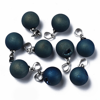 Natural Agate Charms, with Platinum Brass Findings, Rack Plating, Round, Marine Blue, 15x11x10.5mm, Hole: 4x5mm