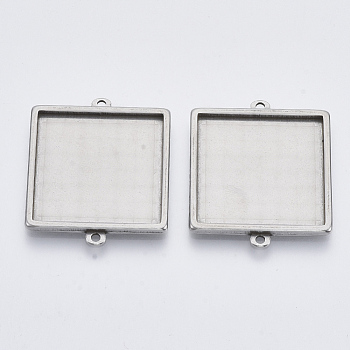 304 Stainless Steel Cabochon Connector Settings, Plain Edge Bezel Cups, Square, Stainless Steel Color, Tray: 25x25mm, 34x28x2.2mm, Hole: 1.8mm