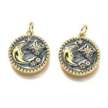 Brass Micro Pave Clear Cubic Zirconia Pendants, Long-Lasting Plated, with Jump Rings & Black Enamel, Flat Round with Moon & Star, Real 18K Gold Plated, 18x16x2.6mm, Hole: 3.3mm