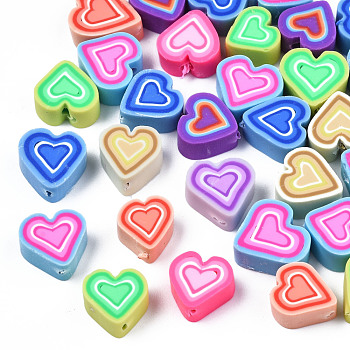 Handmade Polymer Clay Beads, Heart, Mixed Color, 9~10x8~11.5x5mm, Hole: 1.4mm