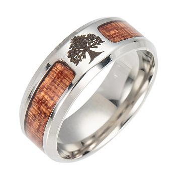 Stainless Steel Wide Band Finger Rings, with Acacia, Tree, Size 9, Stainless Steel Color, 19mm