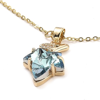 Maple Leaf Light Gold Brass Micro Pave Cubic Zirconia Pendant Necklaces, with Glass, Pale Turquoise, 16.22 inch(41.2cm)