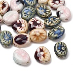 Vintage Handmade Porcelain Beads, Fancy Antique Glazed Porcelain, Oval, Mixed Color, 19x15~17x8~8.5mm, Hole: 2mm(PR-CBAB68F-01)
