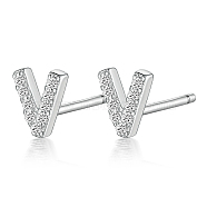 Rhodium Plated 925 Sterling Silver Initial Letter Stud Earrings, with Cubic Zirconia, Platinum, Letter V, 5x5mm(HI8885-22)