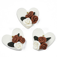 Handmade Polymer Clay Pendants, Heart with Rose Flower, for Valentine's Day, White, 19~20x19.5~20x8mm, Hole: 1.8mm(CLAY-N010-057)