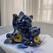 Gold Foil Resin Fortune Cat Display Decoration, with Natural Lapis Lazuli Chips inside Statues for Home Office Decorations, 65x60x70mm(PW-WG49439-04)