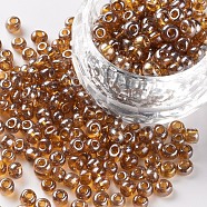 Glass Seed Beads, Trans. Colours Lustered, Round, Dark Goldenrod, 4mm, Hole: 1.5mm, about 4500pcs/pound(SEED-A006-4mm-102C)