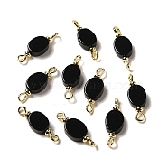 Natural Black Onyx(Dyed & Heated) Connector Charms, Oval Links with Real 18K Gold Plated Brass Double Loops, 20.5x7x3.5mm, Hole: 2mm(FIND-C046-05G)