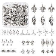 72pcs 12 styles Tibetan Style Zinc Alloy Connector Charms, Dolphin & Starfish & Shell & Turtle, Ocean Theme Mixed Shapes, Antique Silver, 16~36x6.5~20mm, 6pcs/style(TIBE-SC0001-77)