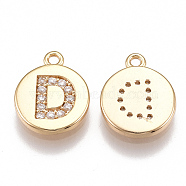 Brass Cubic Zirconia Charms, Flat Round with Letter, Nickel Free, Real 18K Gold Plated, Clear, Letter.D, 12x10x2mm, Hole: 1mm(KK-T038-194G-D)