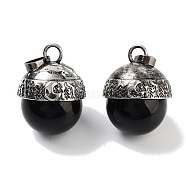 Natural Obsidian Sphere Pendants, Rack Plating Antique Silver Plated Brass Round Charms, Cadmium Free & Lead Free, 24~27x19.5x20mm, Hole: 6x4mm(G-Q163-07AS-06)