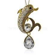 Alloy Rhinestone Big Pendants, Trendy Pendant Necklace Findings, Dolphin with Teardrop, Antique Golden, 92x47x3mm, Hole: 7mm(TIBE-M001-140AG)
