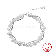 Adjustable Natural Shell Pearl Beaded Bracelets, 925 Sterling Silver Clasps Bracelets for Women, Real Platinum Plated, 6-1/2 inch(16.5cm)(BJEW-L692-009P)