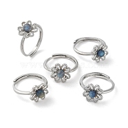 Natural Labradorite Flower Adjustable Ring, Rack Plating Brass Ring for Women, Platinum, US Size 7 1/4(17.5mm)(RJEW-G295-02P)