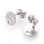 304 Stainless Steel Ear Stud Findings, with Ear Nuts/Earring Backs and Hole, Textured Flat Round with Cross Grain, Stainless Steel Color, 8mm, Hole: 1.2mm, Pin: 0.8mm(X-STAS-O119-17A-P)