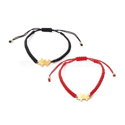 Nylon Thread Braided Bead Bracelet Sets, with Puzzle Pieces 304 Stainless Steel Links, Brass Beads, Mixed Color, 1/4 inch(0.5cm), Inner Diameter: 2 inch(5cm), 2pcs/set(BJEW-JB06413)