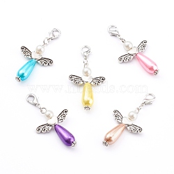 Imitation Pearl Acrylic Pendants, Antique Silver Heart Beads, with Platinum Alloy Lobster Claw Clasps, Angel & Wings, Mixed Color, 34x23.5x7.5mm, Hole: 4x5mm(HJEW-JM00423)