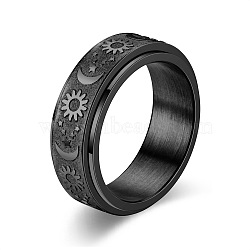 Star & Moon & Sun Titanium Steel Rotatable Finger Ring, Fidget Spinner Ring for Calming Worry Meditation, Black, US Size 8 1/2(18.5mm)(PW-WG61315-05)