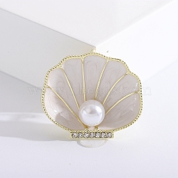 Alloy Enamel Brooches, Plastic Pearl & Rhinestone Pin, Jewelry for Women, Shell, White, 33x38mm(PW-WG87316-01)