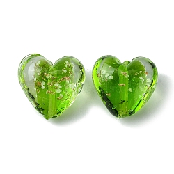 Luminous Handmade Gold Sand Lampwork Beads, Glow in the Dark, Heart, Lime Green, 20.5x20x12mm, Hole: 1.8mm(FOIL-B001-03E)