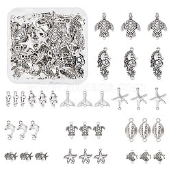 72pcs 12 styles Tibetan Style Zinc Alloy Connector Charms, Dolphin & Starfish & Shell & Turtle, Ocean Theme Mixed Shapes, Antique Silver, 16~36x6.5~20mm, 6pcs/style(TIBE-SC0001-77)