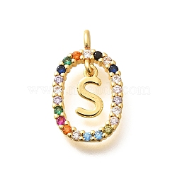 Brass Micro Pave Cubic Zirconia Pendants, Real 18K Gold Plated, Oval with Letter Charms, Letter S, 18.5x11x3.5mm, Hole: 2x1.5mm(ZIRC-P123-01G-S02)