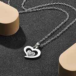 304 Stainless Steel Crystal Rhinestone Heart Pendant Cable Chain Necklaces for Women, Stainless Steel Color, 17.72 inch(45cm), Pendant: 15x16.5mm.(NJEW-Z056-01D-P)