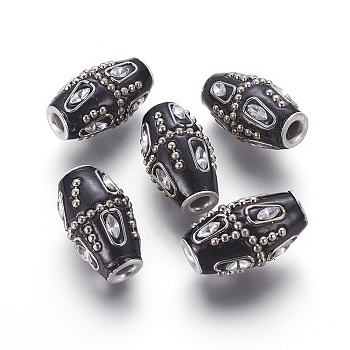 Handmade Indonesia Beads, with Rhinestone and Brass Findings, Rice, Platinum, Black, 27x16mm, Hole: 4.2mm