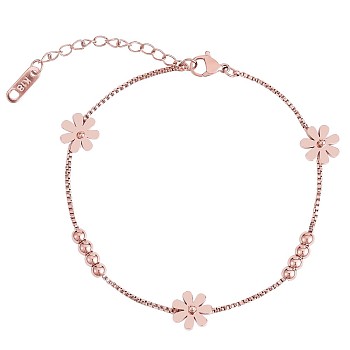 Titanium Steel Daisy Flowers Ankle with Box Chains for Women, Rose Gold, 7-1/2 inch(19cm)