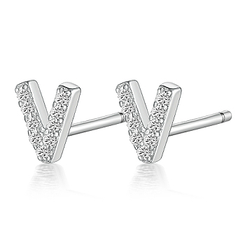 Rhodium Plated 925 Sterling Silver Initial Letter Stud Earrings, with Cubic Zirconia, Platinum, Letter V, 5x5mm