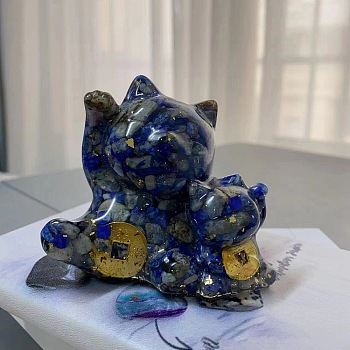 Gold Foil Resin Fortune Cat Display Decoration, with Natural Lapis Lazuli Chips inside Statues for Home Office Decorations, 65x60x70mm