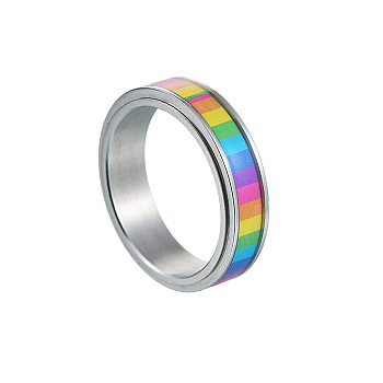 Rainbow Color Pride Flag Enamel Rectangle Rotating Ring, Stainless Steel Fidge Spinner Ring for Stress Anxiety Relief, Stainless Steel Color, US Size 10(19.8mm)