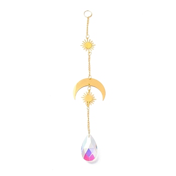 Hanging Crystal Aurora Wind Chimes, with Prismatic Pendant and Moon & Sun Iron Link, for Home Window Chandelier Decoration, Golden, 240x2.5mm