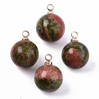 Natural Unakite Charms, with Golden Plated Brass Loops,, Round, 14x10.5mm, Hole: 1.5mm