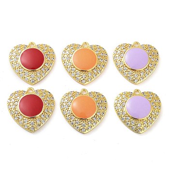 Brass Micro Pave Clear Cubic Zirconia Pendants, with Enamel, Real 18K Gold Plated, Heart Charm, Mixed Color, 20x20x4mm, Hole: 1.6mm