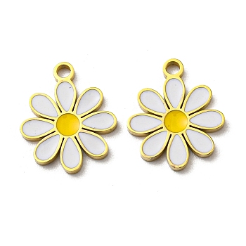 304 Stainless Steel Enamel Charms, Daisy Charms, White, Real 14K Gold Plated, 13x11x1mm, Hole: 1.4mm