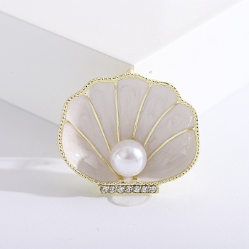 Alloy Enamel Brooches, Plastic Pearl & Rhinestone Pin, Jewely for Women, Shell, White, 33x38mm