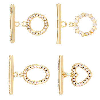4Sets 4 Styles Brass Micro Pave Clear Cubic Zirconia Toggle Clasps, Cadmium Free & Lead Free, Long-Lasting Plated, Mixed Shapes, Mixed Color, 4.5~16.5x11~20.5x2~3mm, Hole: 0.8~2mm, 1set/style
