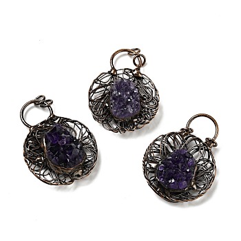 Natural Amethyst Nuggets Big Pendants, Large Hole Pendants, with Red Copper Tone Brass Findings, Cadmium Free & Lead Free, Hollow Flat Round, 62~63x46~46.5x14.5~24mm, Hole: 6mm