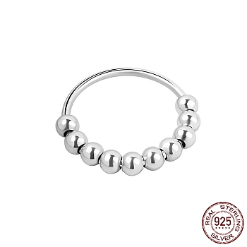 Rhodium Plated 925 Sterling Silver Finger Rings, Rotating Beaded Ring for Calming Worry, Platinum, US Size 6(16.5mm)
