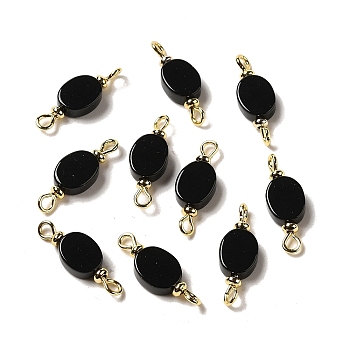 Natural Black Onyx(Dyed & Heated) Connector Charms, Oval Links with Real 18K Gold Plated Brass Double Loops, 20.5x7x3.5mm, Hole: 2mm