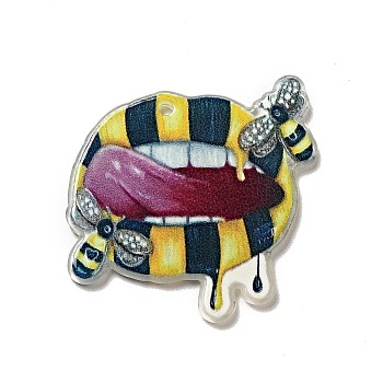Printed Acrylic Pendants, Lips with Bees Charms, 34x33.5x2mm, Hole: 1.8mm