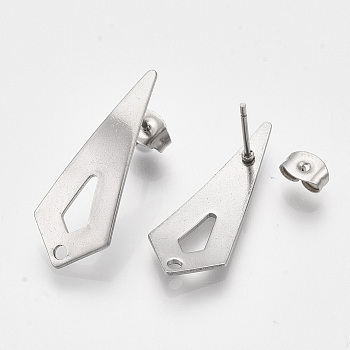201 Stainless Steel Stud Earring Findings, with Ear Nuts and 304 Stainless Steel Pins, Cone, Stainless Steel Color, 28x11mm, Hole: 1.6mm, Pin: 0.7mm