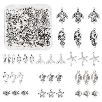 72pcs 12 styles Tibetan Style Zinc Alloy Connector Charms, Dolphin & Starfish & Shell & Turtle, Ocean Theme Mixed Shapes, Antique Silver, 16~36x6.5~20mm, 6pcs/style