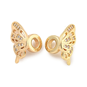Brass Cubic Zirconia Beads, Long-Lasting Plated, Lead Free & Cadmium Free, Butterfly, Real 14K Gold Plated, 15x8x9mm, Hole: 3mm